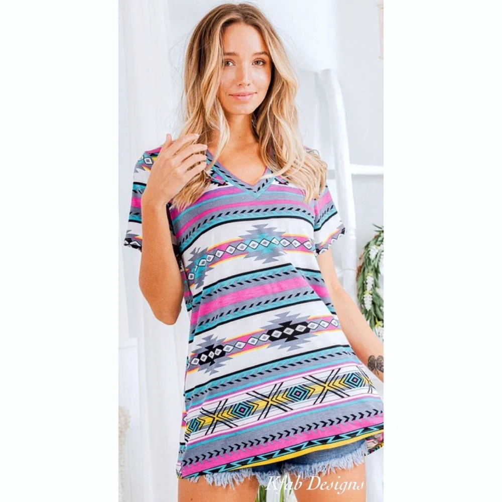 LAST 2! V Neck Aztec Print Blue Multi Top! - Picture 14 of 15